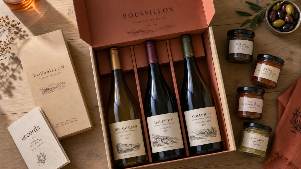 Coffret vin roussillon avec rouges et vin doux naturel, vue de dessus