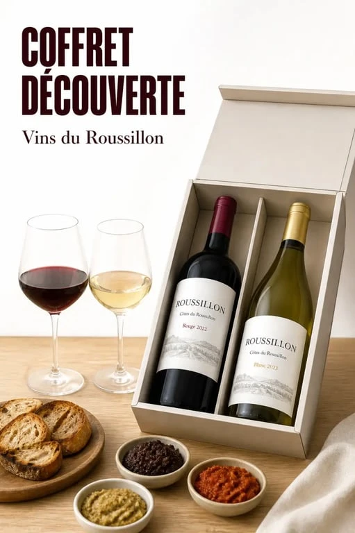 Coffret vin roussillon ouvert avec bouteilles et tartinades pour un cadeau gourmet