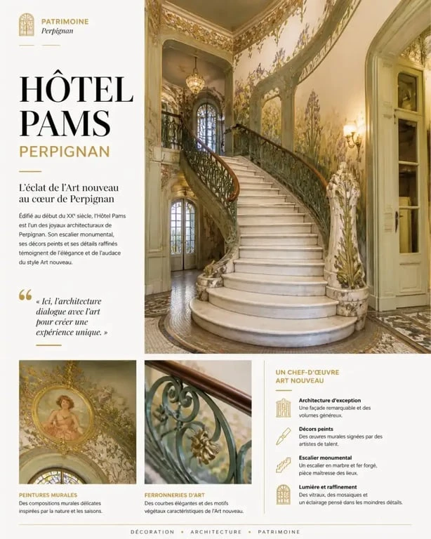 Détails architecturaux de l'Hôtel Pams, lieu incontournable à voir à Perpignan