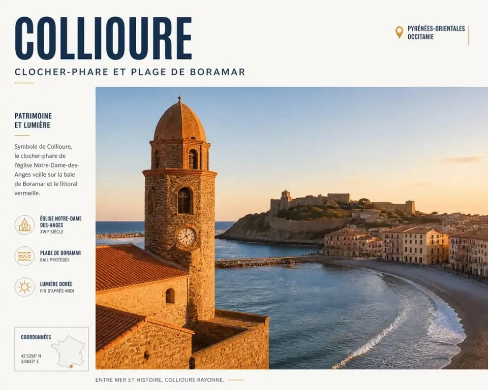 Vue panoramique du clocher-phare et de la plage de Boramar pour visiter Collioure