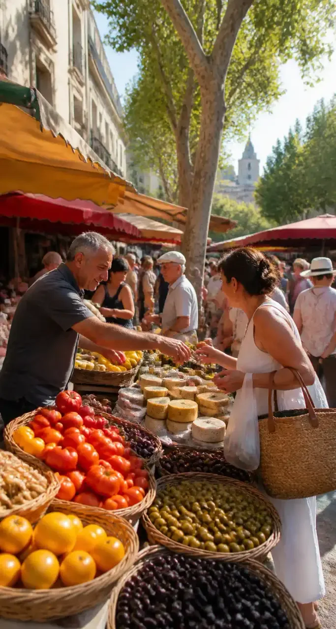 Étals de fruits et légumes au marché de Perpignan