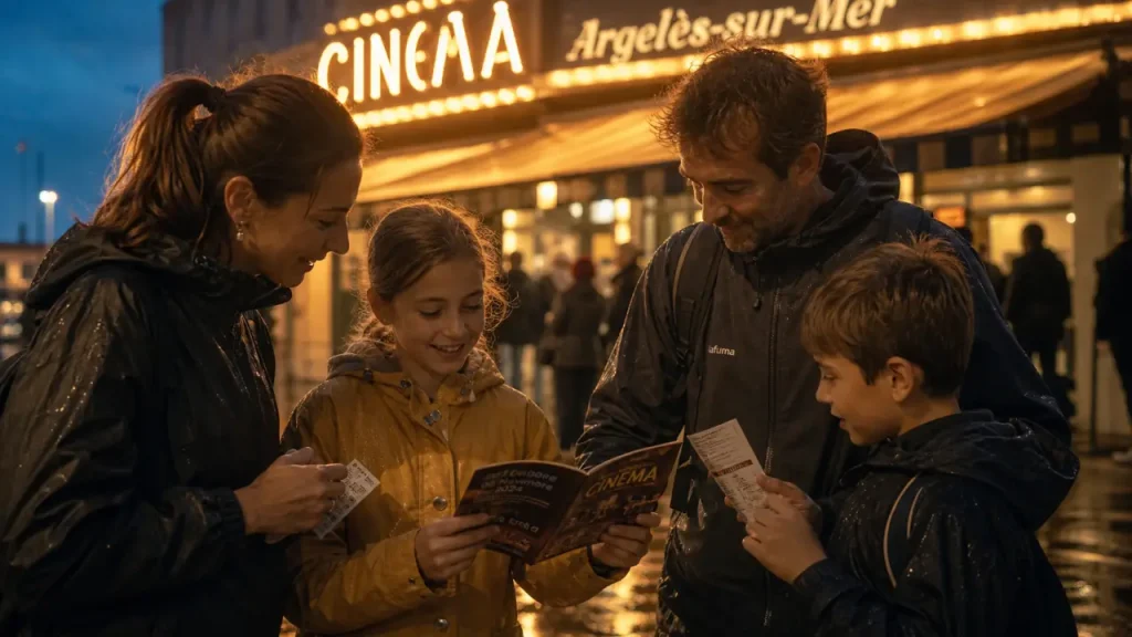 Cinéma à Argelès-sur-Mer quand il pleut, famille sous parapluies