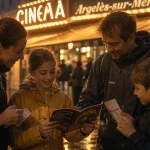 Cinéma à Argelès-sur-Mer quand il pleut, famille sous parapluies