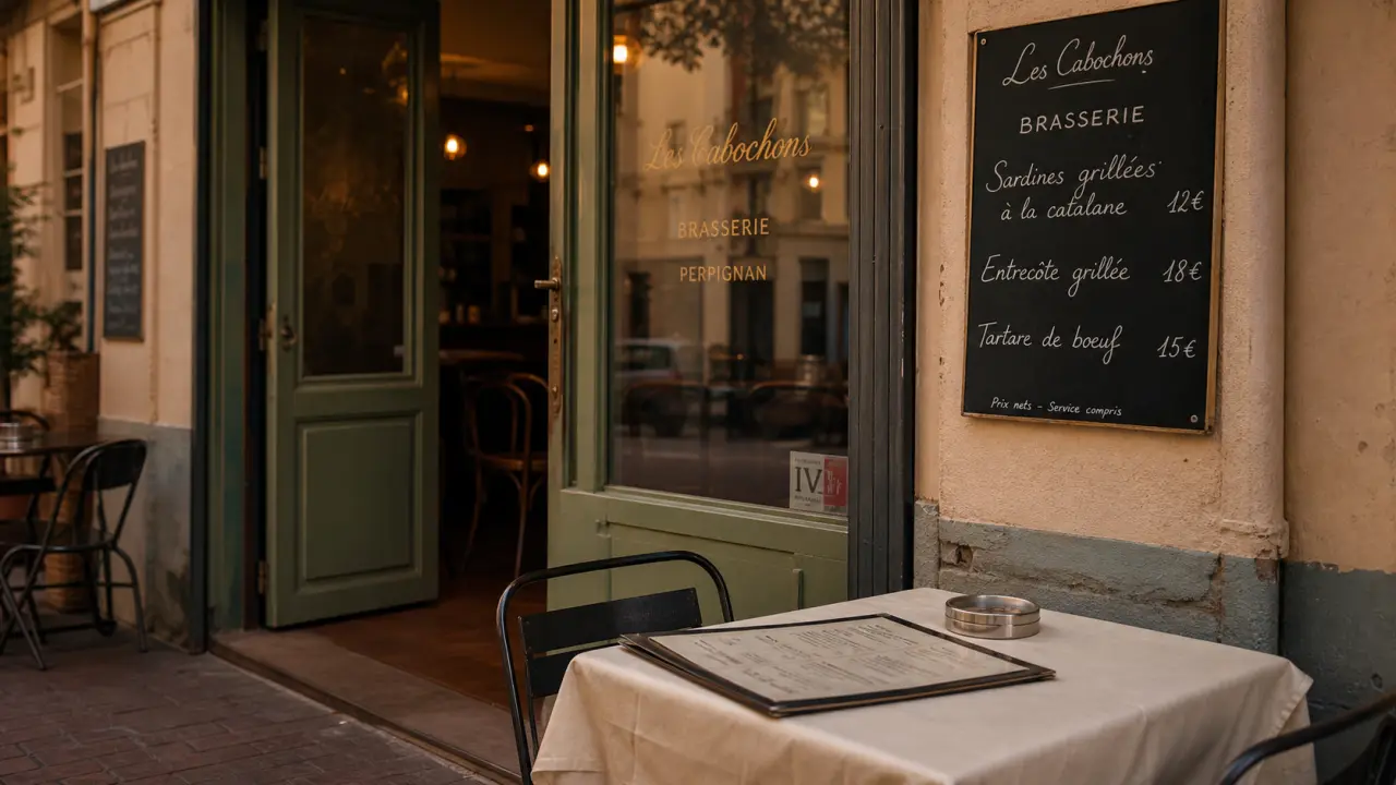 Restaurant les cabochons perpignan : façade et menu sur ardoise