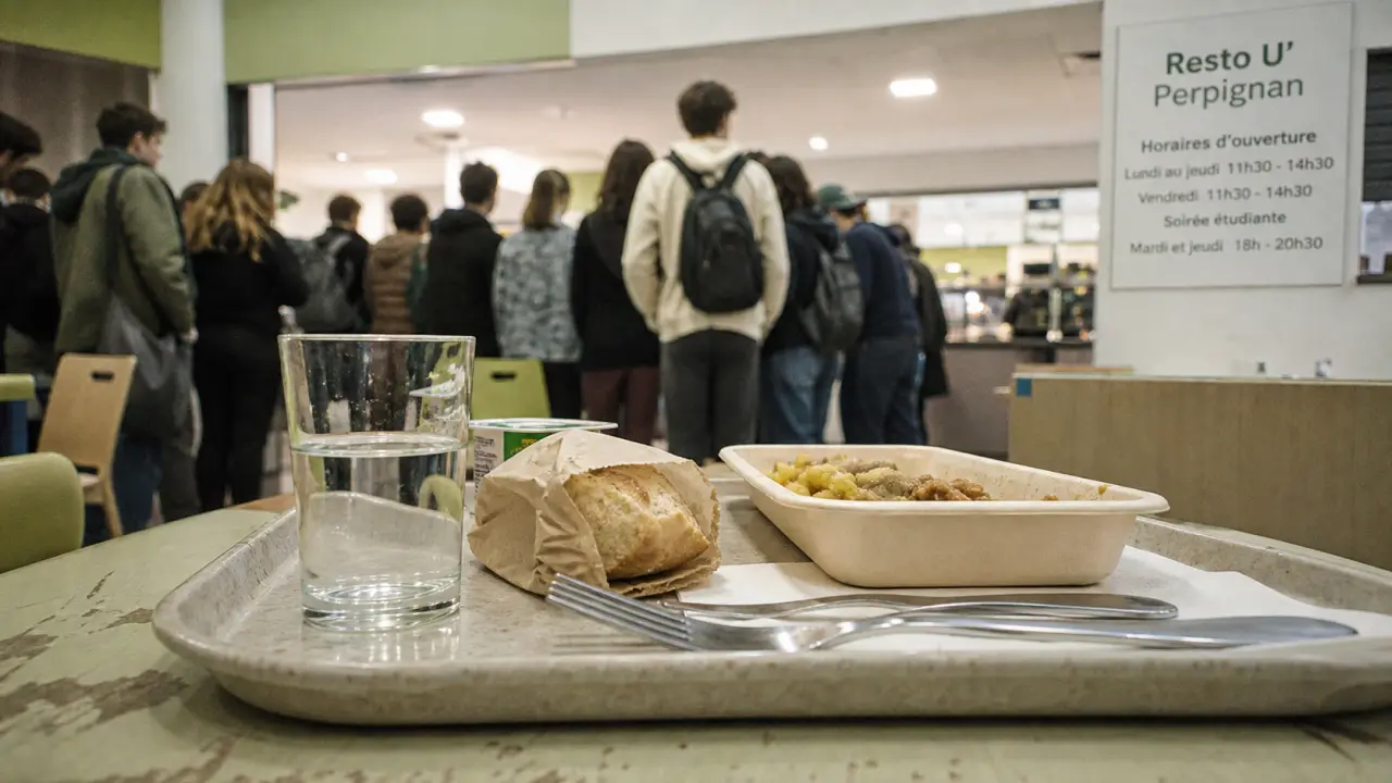 Restaurant universitaire Perpignan sur le campus Paul Alduy, plateau repas et étudiants.
