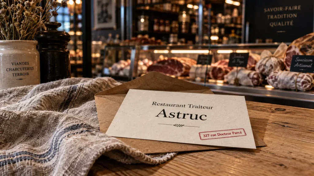 astruc perpignan restaurant traiteur : enveloppe kraft et adresse