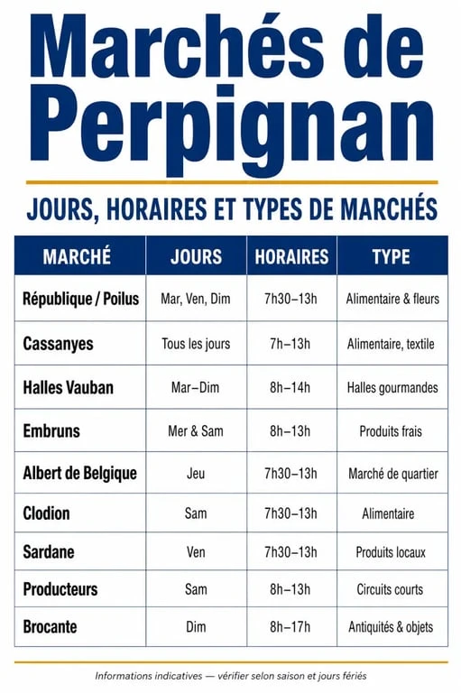 Marchés Perpignan : tableau comparatif visuel des principaux marchés, jours, horaires et types