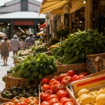 Marchés Perpignan : étal fruits et légumes dans le centre historique