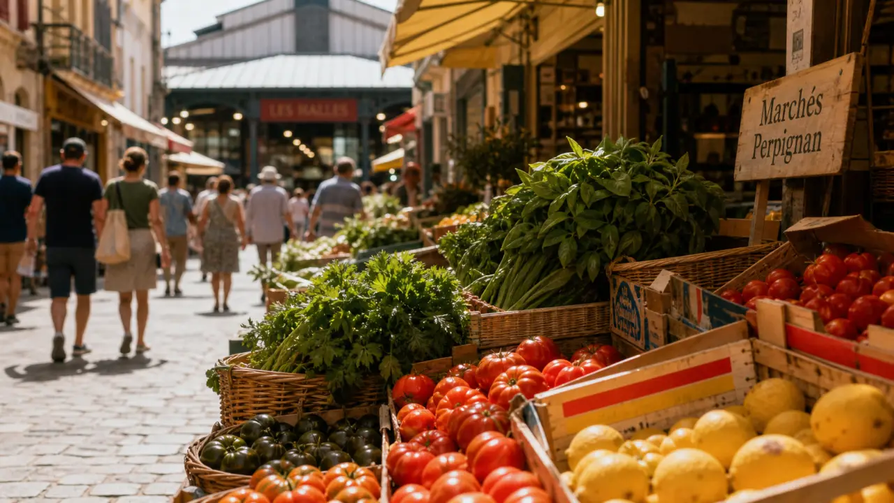 Marchés Perpignan : étal fruits et légumes dans le centre historique