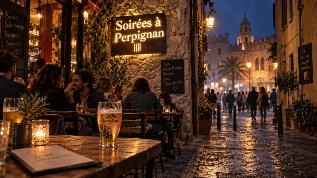 Ou sortir ce soir Perpignan : terrasse de bar animée de nuit au centre historique