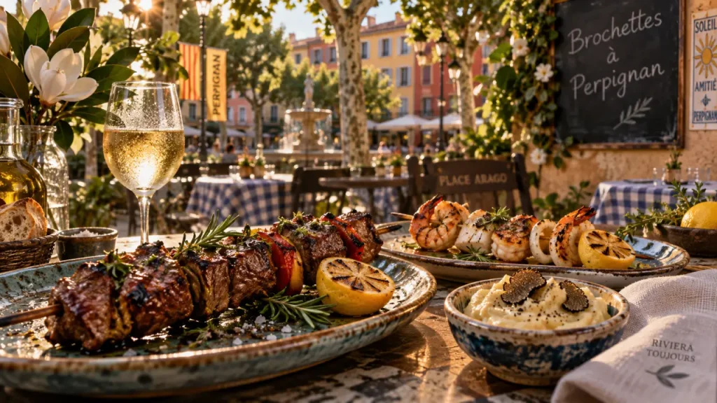 restaurant brochettes Perpignan : terrasse, brochettes bœuf et mer
