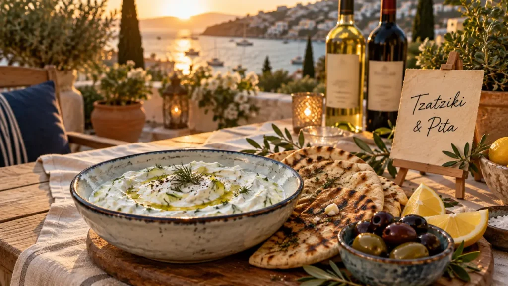 Restaurant grec Perpignan : tzatziki et pita sur table en terrasse sud