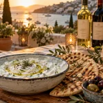 Restaurant grec Perpignan : tzatziki et pita sur table en terrasse sud