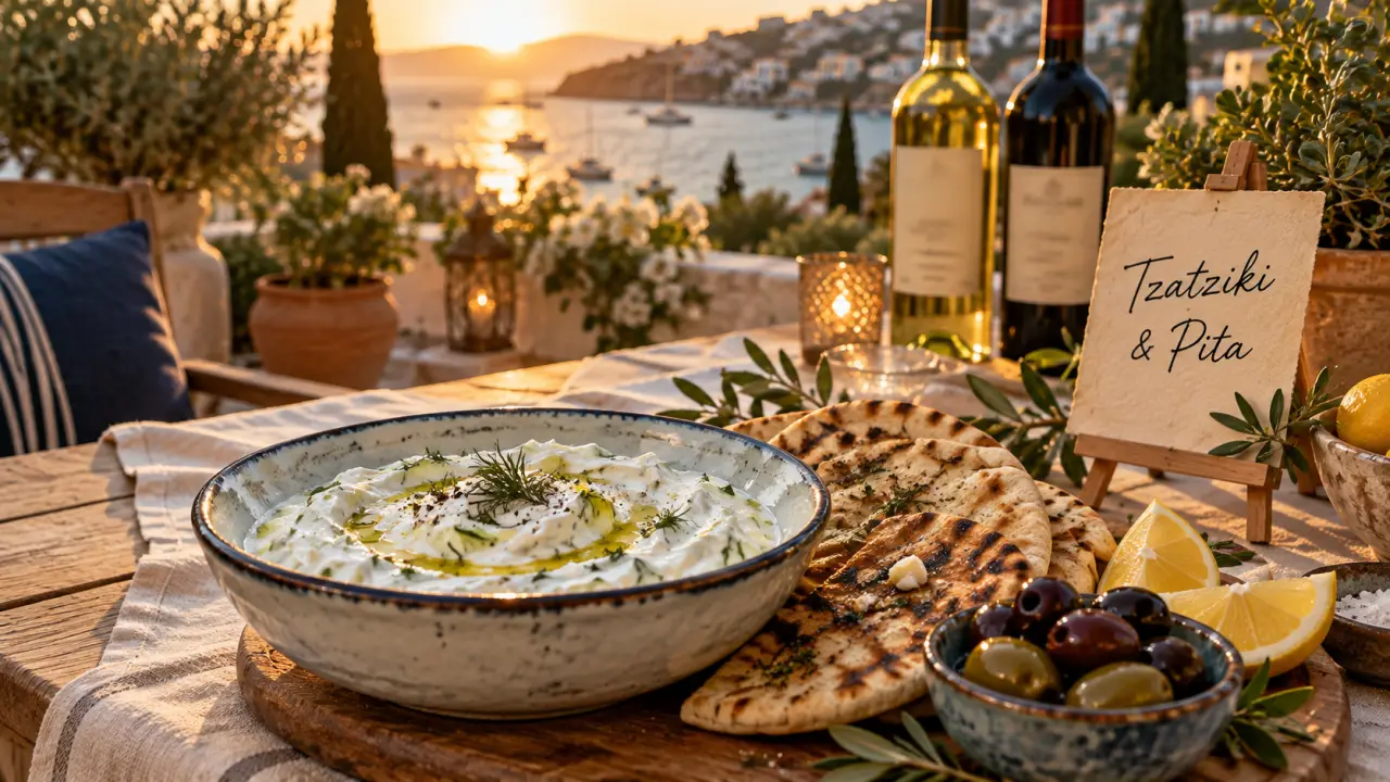Restaurant grec Perpignan : tzatziki et pita sur table en terrasse sud