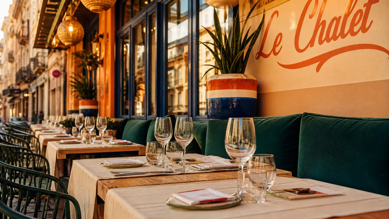 Restaurant le chalet perpignan : terrasse de brasserie locale avec parking gratuit