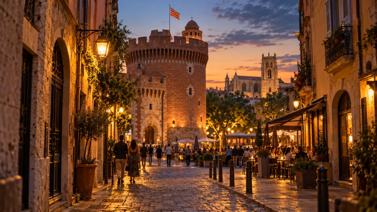 Que faire a Perpignan : vue du Castillet depuis une ruelle pavée