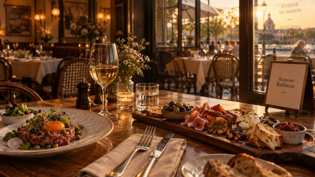 Restaurant Balthazar Perpignan, terrasse brasserie ombragée avec tapas et vin à golden hour